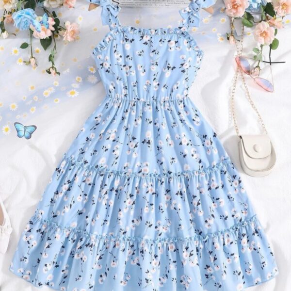 VESTIDO CELESTE CON FLORES T 12 AÑOS