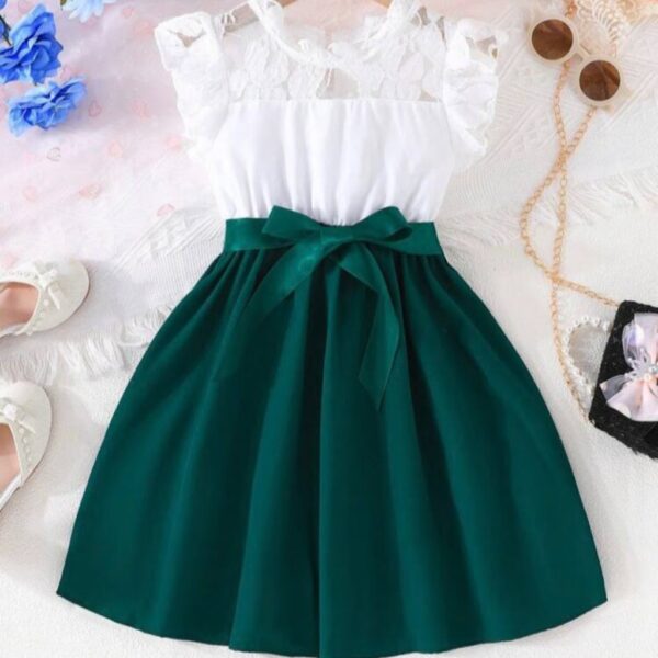 VESTIDO BLANCO Y VERDE PETROLEO CON CINTO T 4 AÑOS