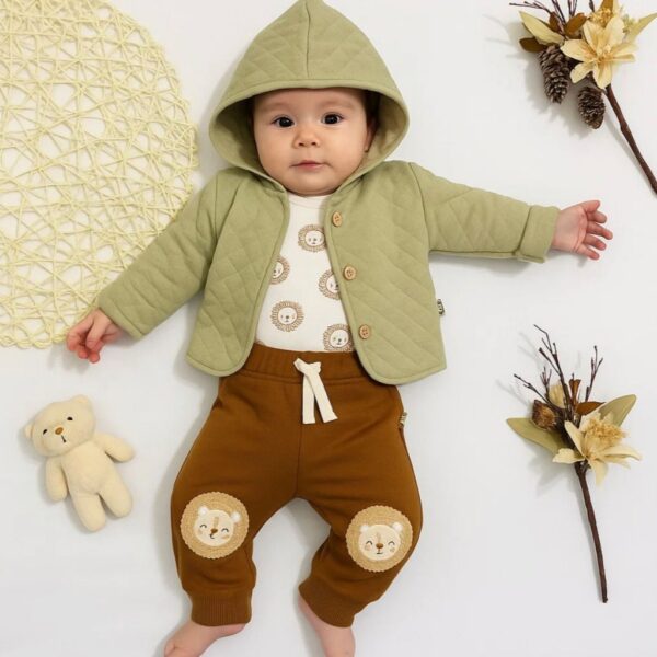 CONJUNTO 3 PIEZAS CAMPERA CON CAPUCHA VERDE, BODY MANGA CORTA Y PANTALÓN T 9-12 M