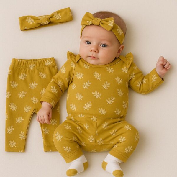 SET 4 PIEZAS BODY MANGA LARGA, PANTALON, VINCHA Y MEDIAS  T 3-6 M