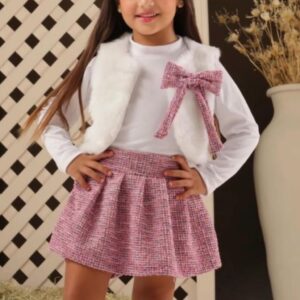 MANGA LARGA CON CHALECO, SHORT POLLERA Y MOÑO ROSA  T 6 AÑOS