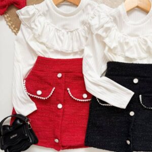 CONJUNTO MANGAS LARGAS CON SHORT POLLERA ROJA T 7 AÑOS