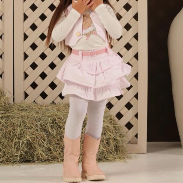 CONJUNTO MANGA LARGA, CHALEQUITO, POLLERA Y CINTO ROSA T 2-3  AÑOS