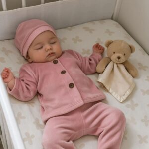 SET 3 PIEZAS PLUSH CAMPERA, GORRITO, PANTALONCITO PIE CERRADO 0-3 MESES