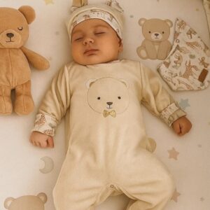 SET 3 PIEZAS OSITO PLUSH, BABERO Y GORRITO T 0-3 MESES