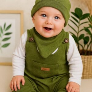 SET 4  PIEZAS TELA DARLON MANGAS LARGAS, JARDINERO, BABERO Y GORRITO T 3-6 MESES