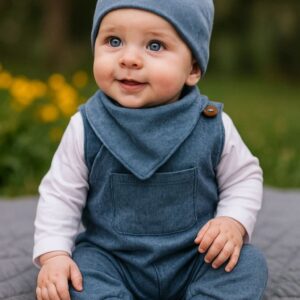 SET 4  PIEZAS TELA DARLON MANGAS LARGAS, JARDINERO, BABERO Y GORRITO T 6-9 MESES