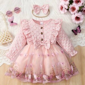 VESTDO ROSA MARIPOSITA Y VINCHA T 9 A 12 MESES