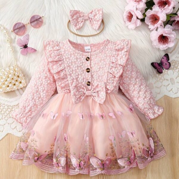 VESTDO ROSA MARIPOSITA Y VINCHA T 12 A 18 MESES