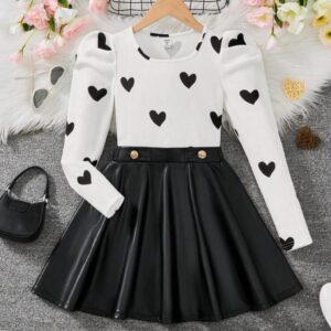 CONJUNTO MANGAS LARGAS CORAZONES Y POLLERA DE CUERINA T 7 AÑOS
