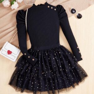 CONJUNTO MANGAS LARGAS NEGRO POLLERA DE TULL CON ESTRELLITAS T  8 AÑOS