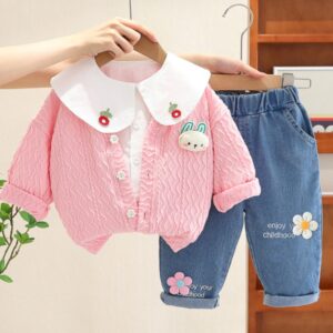 CONJUNTO 3 PIEZAS, SACO ROSA, JEAN Y CAMISA MANGAS LARGAS T 5 AÑOS