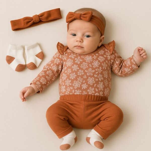 SET 4 PIEZAS BODY MANGA LARGA, PANTALON, VINCHA Y MEDIAS  T 6-9 M