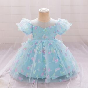 VESTIDO DE FIESTA CELESTE CON MARIPOSAS DE COLORES T 18-24 MESES