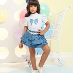 CONJUNTO REMERA Y POLLERITA DE JEANS CON CINTO T 18-24 MESES