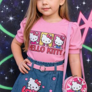 CONJUNTO REMERA, SHORT POLLERA, CINTO Y CARTERITA HELLO KITTY T 8 AÑOS