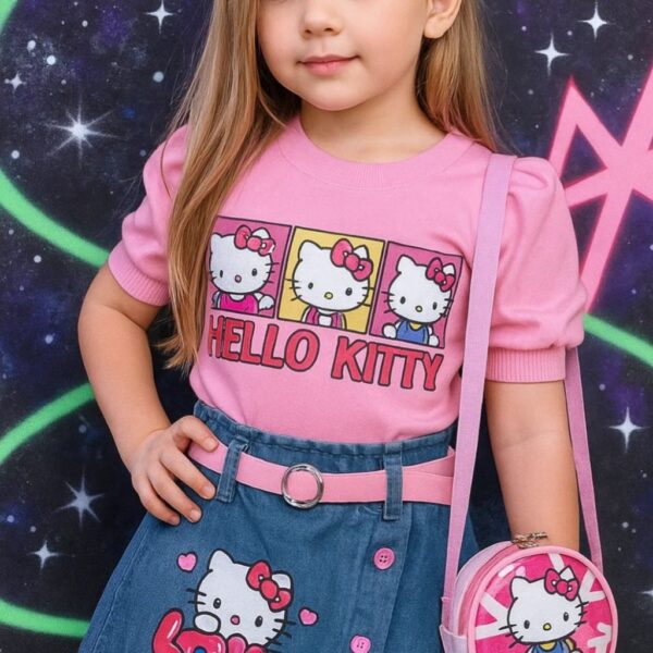 CONJUNTO REMERA, SHORT POLLERA, CINTO Y CARTERITA HELLO KITTY T 8 AÑOS