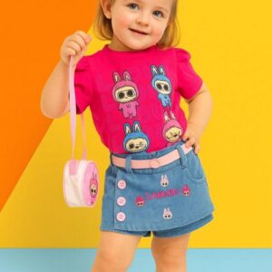 CONJUNTO REMERA, SHORT POLLERA, CINTO Y CARTERITA LABUBU T 6 AÑOS