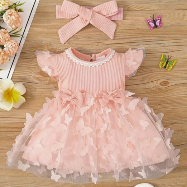 VESTIDO MARIPOSAS CON LAZO PARA VINCHA T 9-12 MESES