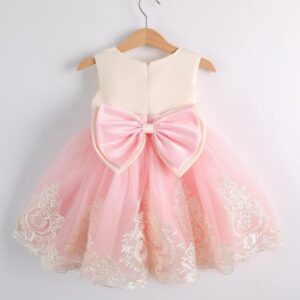 VESTIDO FIESTA BEIGE Y ROSA CON VINCHA T 3-6 MESES