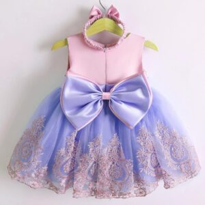 VESTIDO FIESTA ROSA Y LILA CON VINCHA 3-6 MESES
