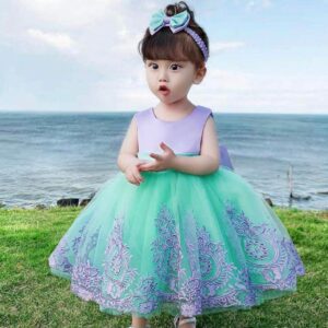 VESTIDO FIESTA LILA Y VERDE AGUA CON VINCHA T 3-6 MESES