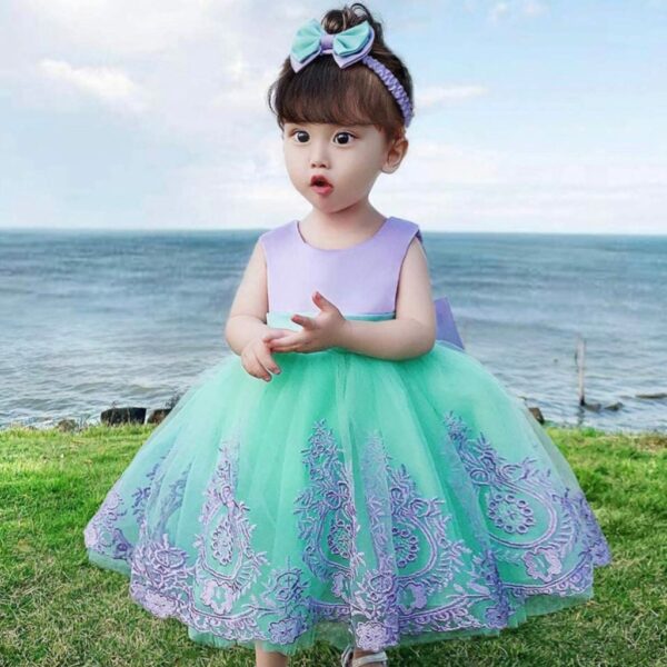 VESTIDO FIESTA LILA Y VERDE AGUA CON VINCHA T 0-3 MESES