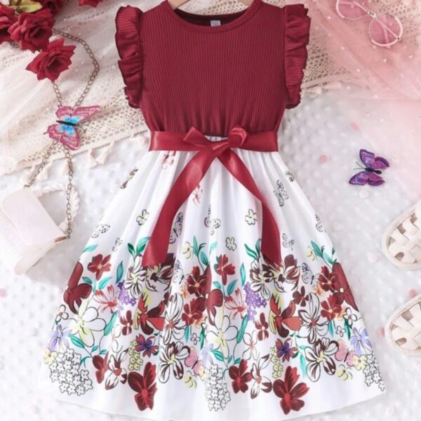 VESTIDO BORDÓ, FALDA FLOREADA CON CINTO T 9 AÑOS