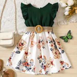 VESTIDO VERDE FALDA FLOREADA Y CINTO 4 AÑOS