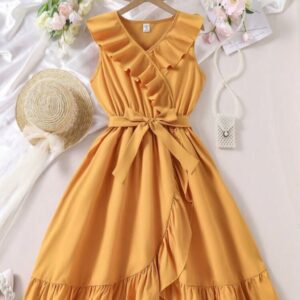 VESTIDO MOSTAZA CON VOLADOS Y CINTO T 10 AÑOS