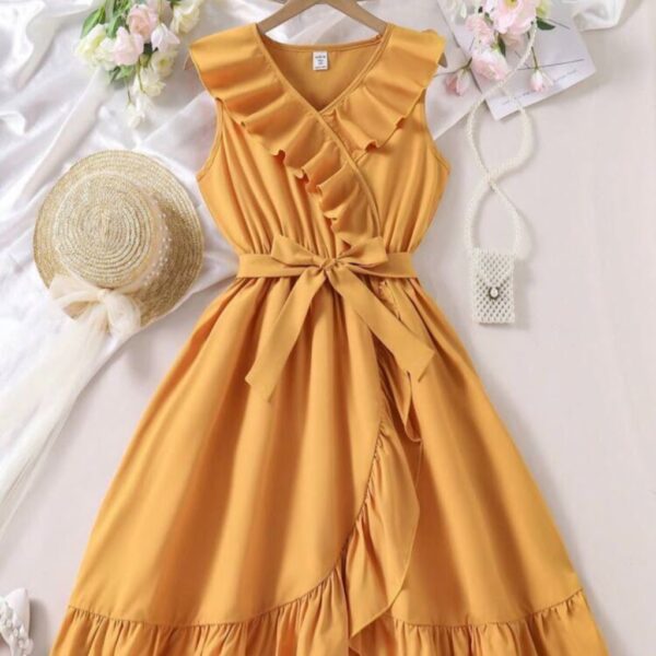 VESTIDO MOSTAZA CON VOLADOS Y CINTO T 10 AÑOS