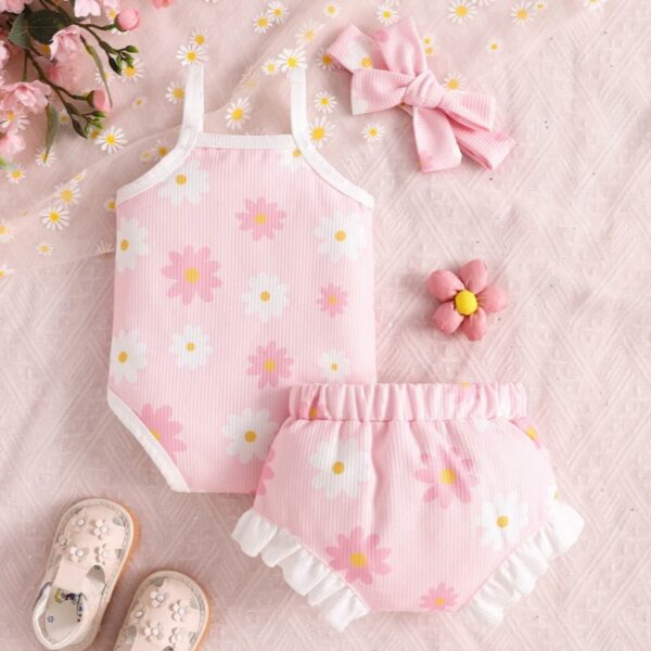 CONJUNTO SHORT, BODY Y VINCHA MARGARITAS 18-24 MESES