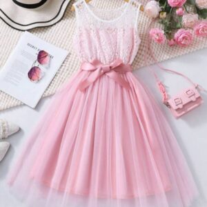 VESTIDO ROSA Y BLANCO CON CINTO T 7 AÑOS