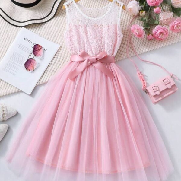 VESTIDO ROSA Y BLANCO CON CINTO T 7 AÑOS