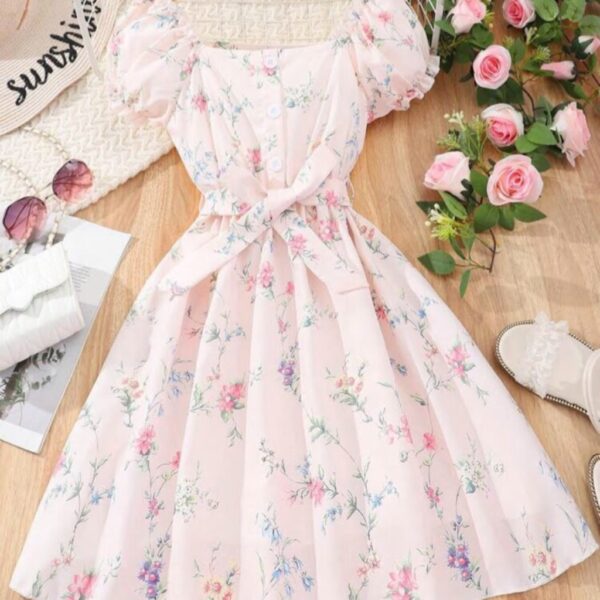 VESTIDO ROSA FLOREADO MANGA PRINCESA CON CINTO T 7 AÑOS