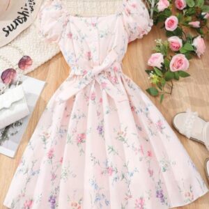 VESTIDO ROSA FLOREADO MANGA PRINCESA CON CINTO T 8 AÑOS