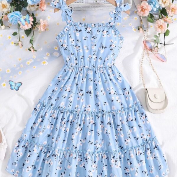 VESTIDO CELESTE FLORES BLANCAS T 12 AÑOS
