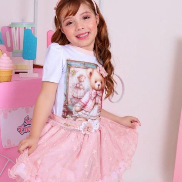 CONJUNTO REMERA OSITO CON POLLERA TUL Y VINCHA  T 6 AÑOS