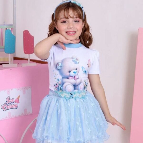 CONJUNTO REMERA OSITO CON POLLERA TUL Y VINCHA  T 7 AÑOS