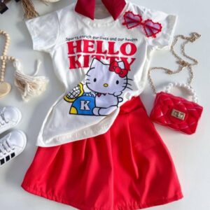 CONJUNTO REMERA CON SHORT POLLERA ROJO KITTY T 5 AÑOS