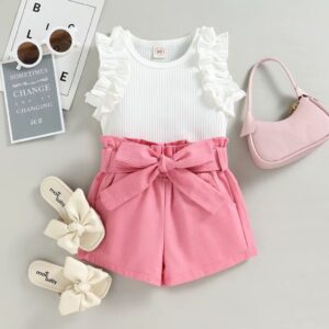 BLUSA BLANCA Y SHORT ROSA CON CINTO T 24 MESES