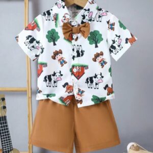 CONJUNTO GRANJA, CAMISA, SHORT Y MOÑO T 12-18 MESES