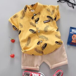 CONJUNTO CAMISA HOJAS MOSTAZA Y SHORT MARRÓN T 18-24 MESES