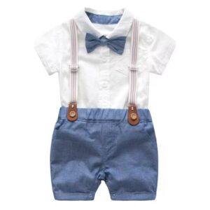 CONJUNTO CAMISA BODY, SHORT AZUL, TIRANTES Y MOÑO T 2-3 MESES