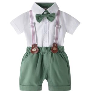 CONJUNTO CAMISA BODY, SHORT VERDE, TIRANTES Y MOÑO T 2-3 AÑOS