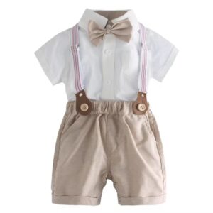 CONJUNTO CAMISA BODY, SHORT MARRÓN, TIRANTES Y MOÑO T 6-9 MESES