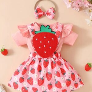 BODY CON JARDINERA DE FRUTILLITA Y VINCHA T 3-6 MESES