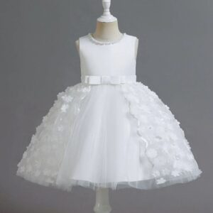 VESTIDO BLANCO CON MOÑO Y FLORES 3D 5 AÑOS