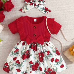 VESTIDO ROJO CON FLORES Y VINCHA T 9-12 MESES