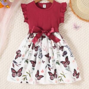 VESTIDO BORDÓ MARIPOSAS CON CINTO T 3-6 MESES